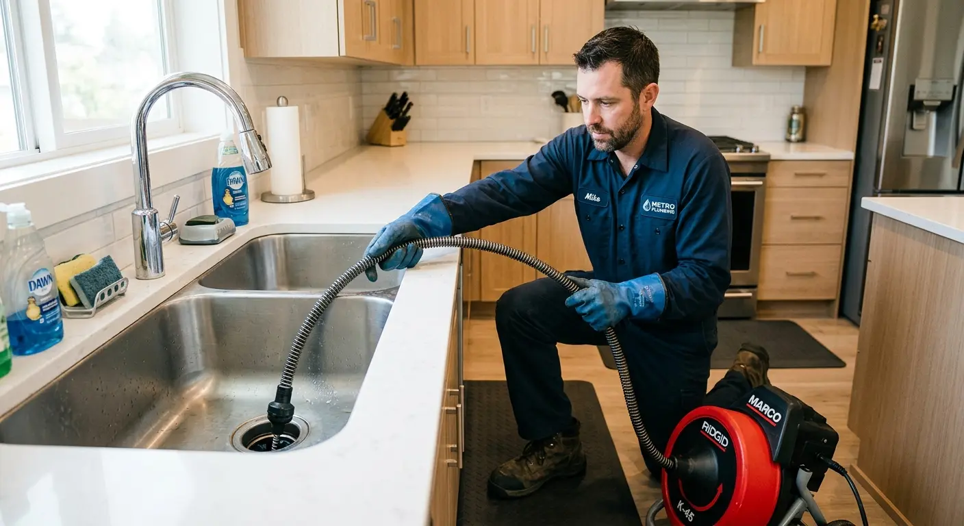 Drain cleaning technician using a motorized snake on a kitchen sink in Highland