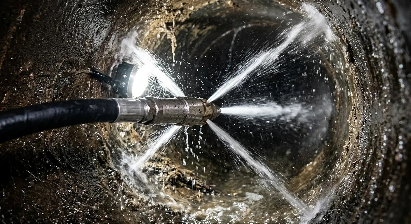 High-pressure hydro jetting nozzle cleaning sewer pipe for Emergency Drain Service in Highland