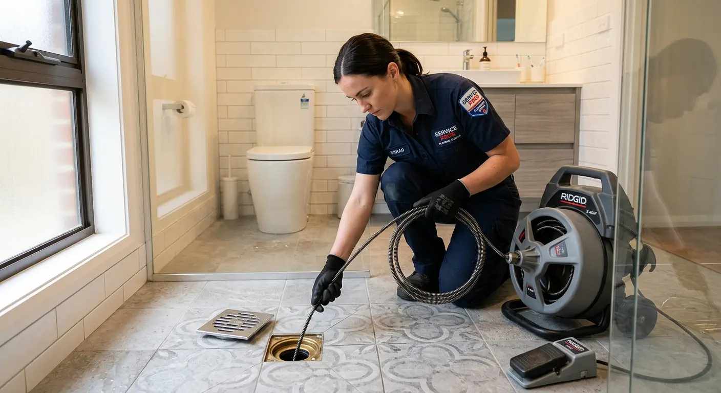 Technician clearing a bathroom floor drain for Clogged Drain Repair in Highland
